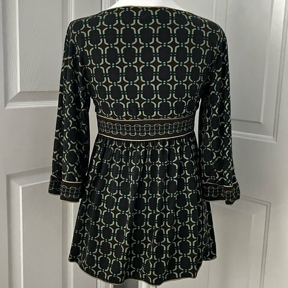 MSSP Max Studio Babydoll Smock Top XS Brown Green Geometric‎ Empire Waist Y2K - Picture 3 of 8